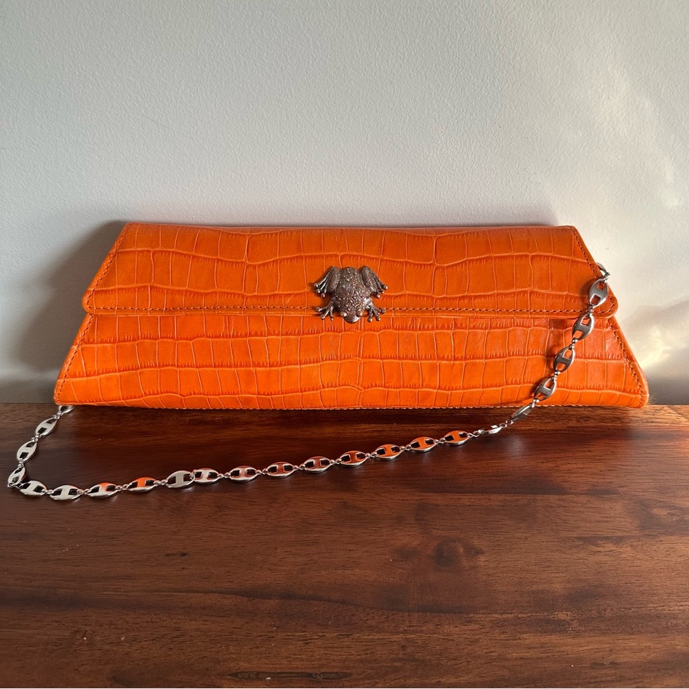 Karen Callan Designs. Leather.Orange Crocodile Embossed Clutch with Chain.